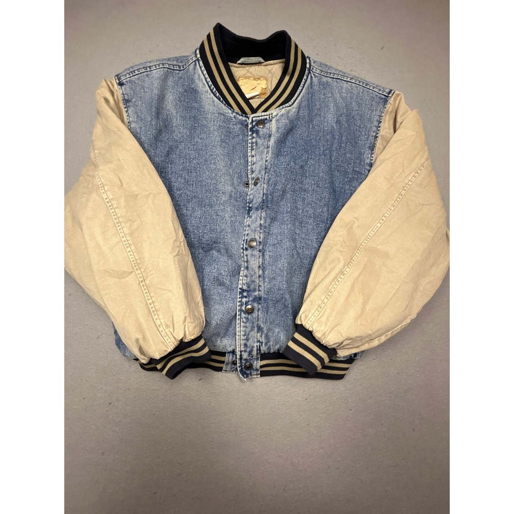 Vintage Varsity Jacket Cotton Denim Tan Blue XL Mens